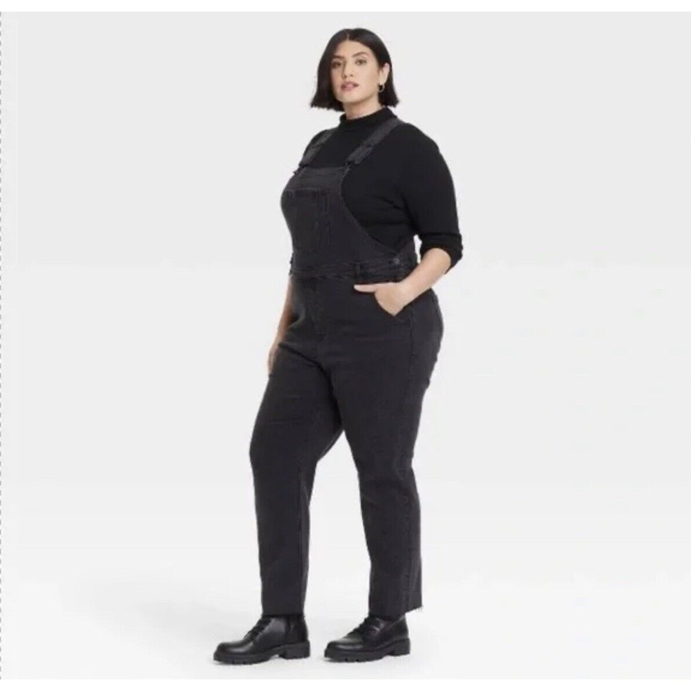 Ava & Viv Women's High-Rise Denim Overalls Raw Hem Black Wash 18